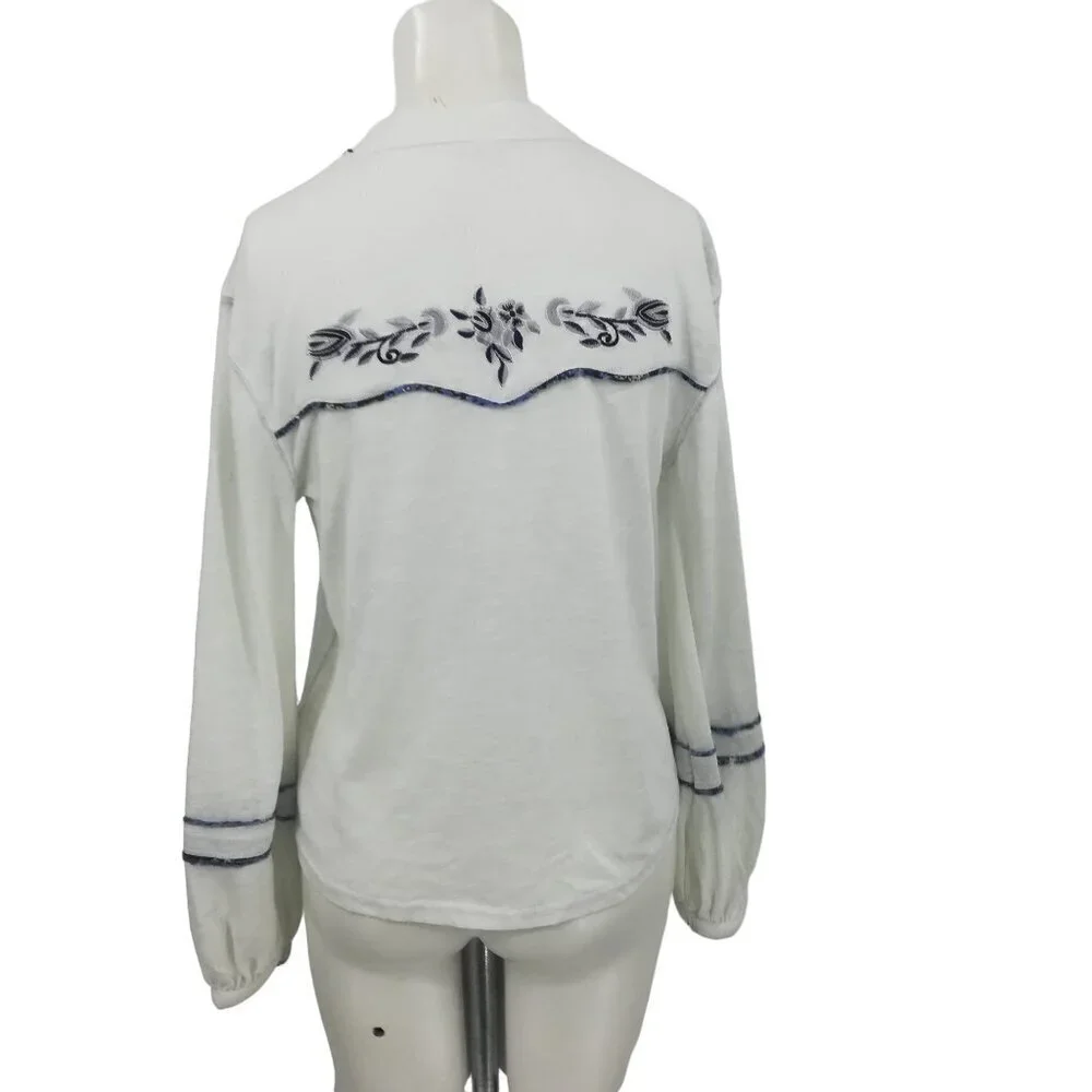 Free People Embroidered Floral Lace Henley Pearl Snap Shirt Size S Puff Sleeve